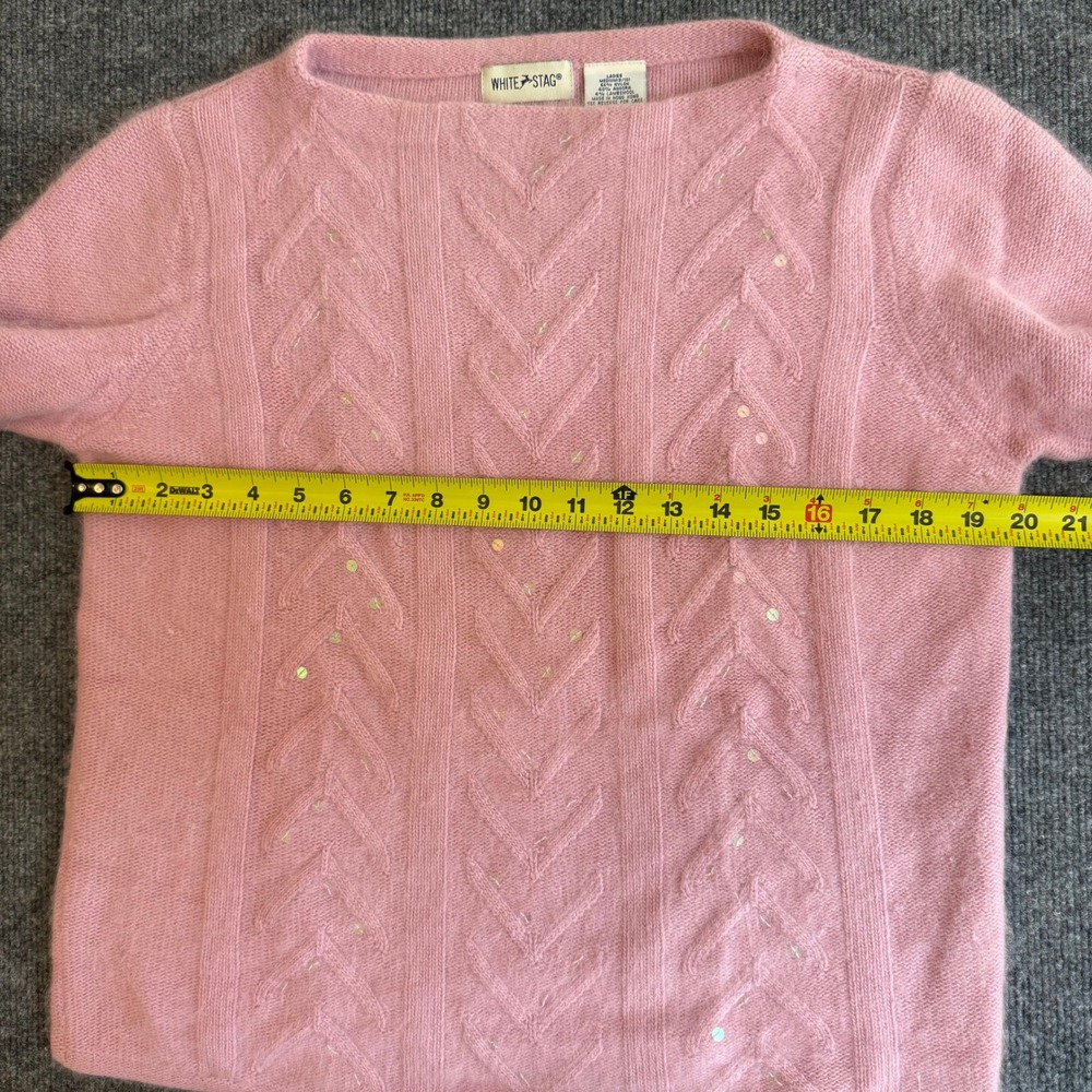 Vintage 90's White Stag Pink Angora & Lambswool Blend Sequin Cable Knit Sweater - Picture 7 of 8